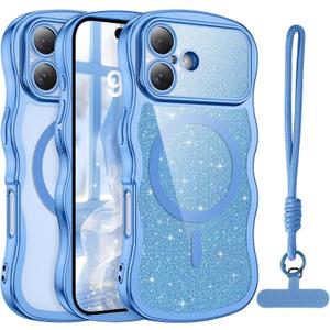 BENTOBEN Magnetic for iPhone 17 Case 2025, Clear Glitter Cute Curly Wavy Edge [Compatible with Magsafe] Sparkly Shinny Slim Design Shockproof Protective Girly Women Men Phone Cover, Blue/Clear