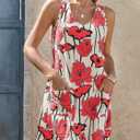Wenrine Womens Summer Dresses Casual Floral V Neck Sleeveless Loose Boho Beach Tank Dress Sundress with Pockets (Medium, Red)