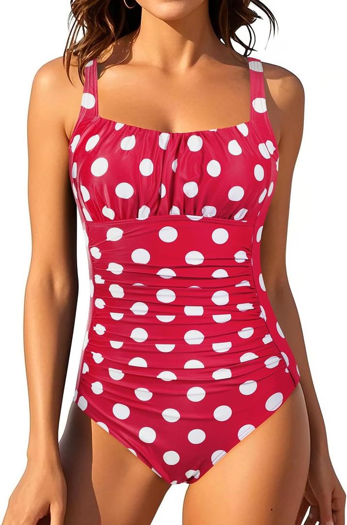 Aqua Eve One Piece Bathing Suit for Women Tummy Control Swimsuit Slimming Vintage Swimwear Red Polka Dot L