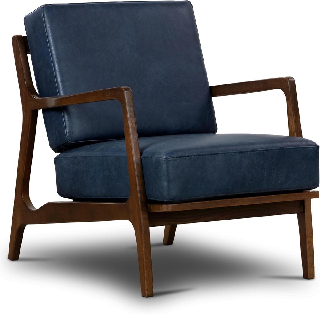 Poly & BARK Verity Leather Accent Chair  Armchair with Walnut Wood Frame  Fashion-Forward Lounge Seating for Living Room  Upholstered in Midnight Blue Leather for Modern Style