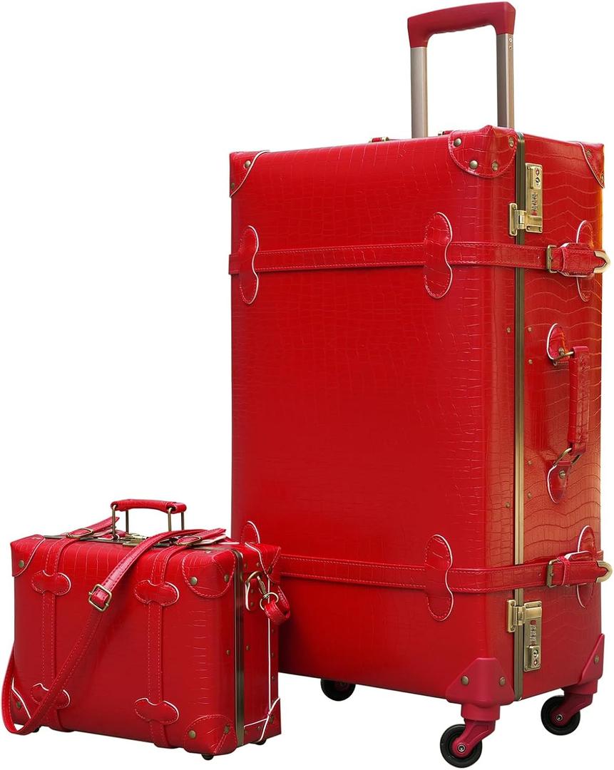 urecity Vintage Luggage Set of 2, Retro Suitcase Trunk with Wheels for Men and Women, Cute Designer Travel Luggage Set with Boarding Tote, Luggage Zipperless TSA Approved (Red)
