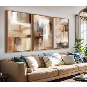 Large Framed Canvas Wall Art - Natural Float Framed Brown Abstract Picturtes for Living Room Decor Brown Abstract Painting Artwork Prints for Bedroom Kitchen Home Office Decor 48" X 24" Set of 3
