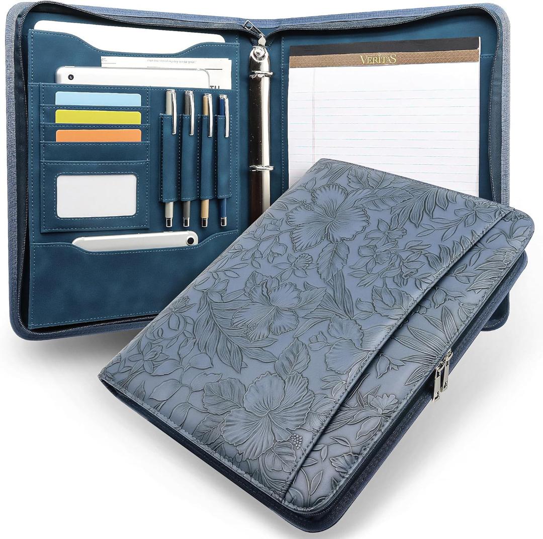 Embossed Faux Leather Zippered Padfolio with 3 Ring Binder, Executive Portfolio Organizer Binder for Women, Fits 13.9" Laptop/Tablet, Refillable Writing Pad Pocket, Blue (Zipper Portfolio(13.7"x11"x1.57"))