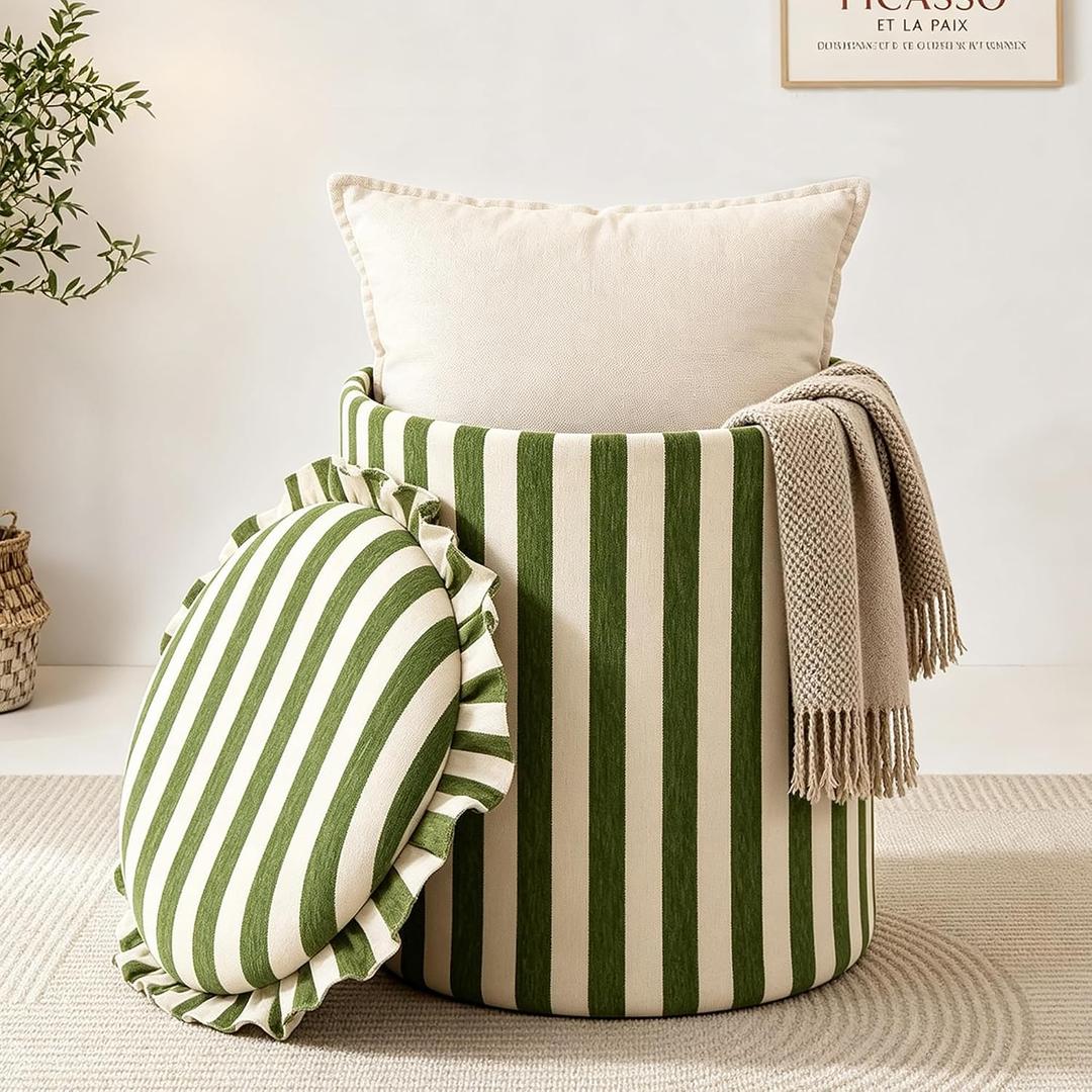 GLAXYFUR Round Striped Ottoman with Storage, Foot Rest Stool, Green, 14.2"D x 14.2"W x 17.3"H