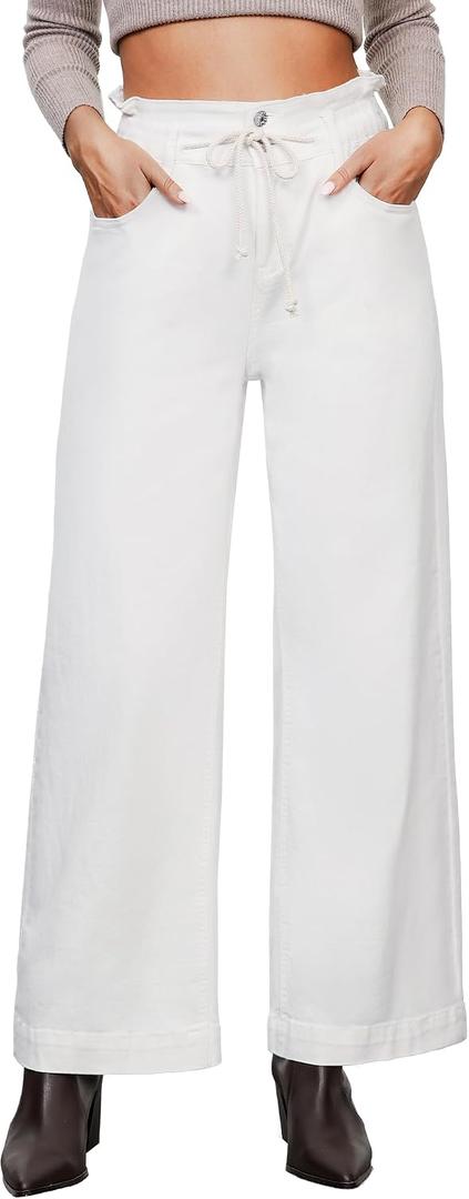 LookbookStore Womens Jeans Wide Leg High Waisted Trendy Elastic Wasit Drawstring Stretch Denim Pants Baggy Trouser Jeans