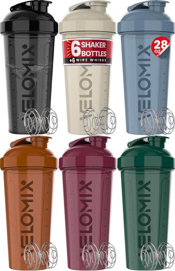 -6 PACK- Shaker Cups for Protein Shakes 28 oz - 6x Wire Whisk | Leak Proof Protein Shaker Bottle for Protein Shakes, Shaker Bottle Pack for Pre & Post Workout, Shaker Cup (Earth Tones Collection)