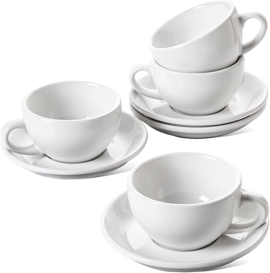 LE TAUCI 8 oz Cappuccino Cups with Saucers, Set of 4 Large Ceramic Coffee Cup Set for Latte, Au Lait, Flat White, Mocha, Tea Cup Set, Dishwasher Safe, Embossed Coffee Cups, White