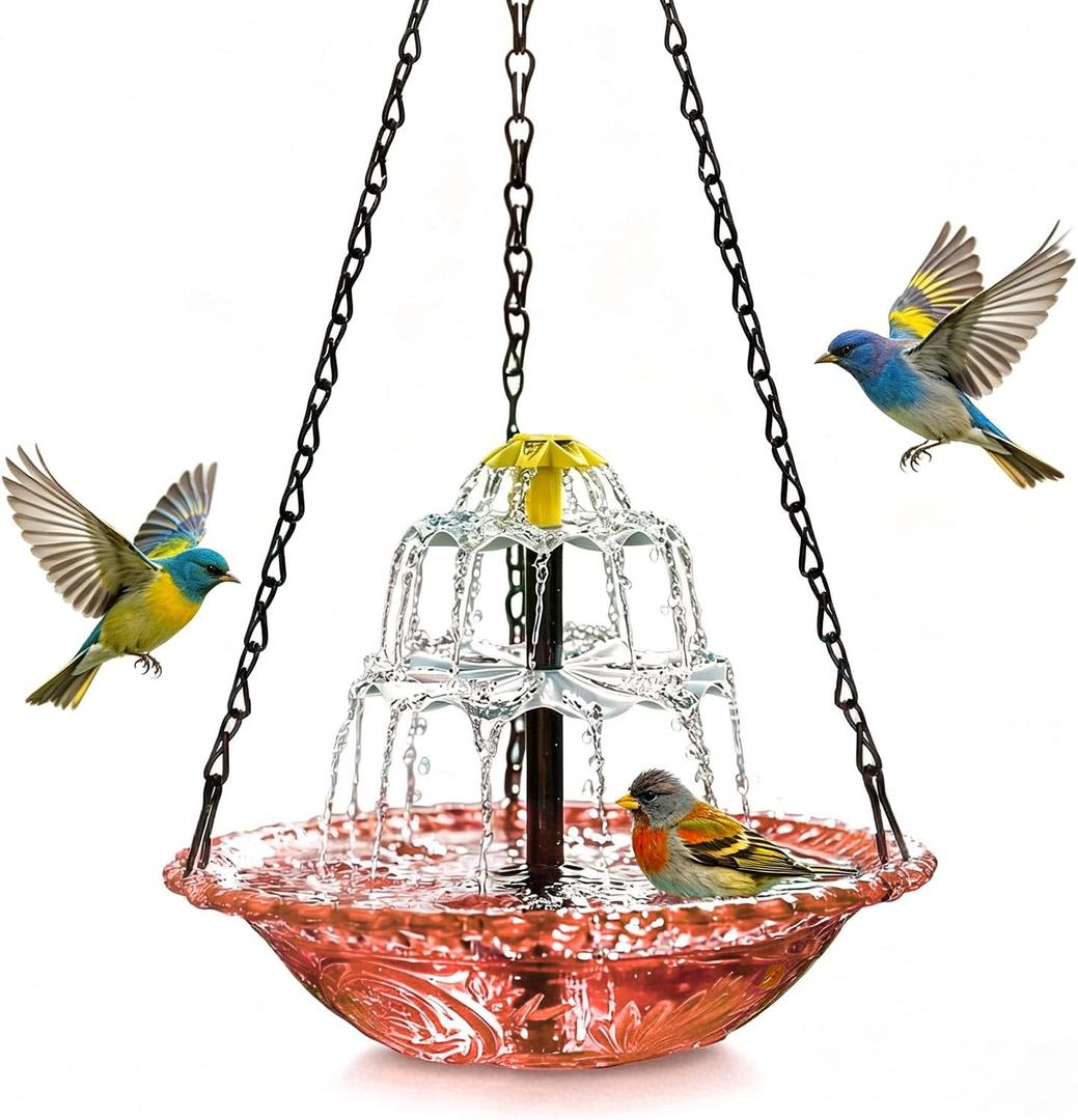 Solar Cascade Hanging Bird Bath Fountain 2026, Outdoor Large Humming Birds Hanging Water Fountains, Solar Powered Baths with Shower Bowl for Outdoors Garden Patio Backyard Lawn Decor (Pink)