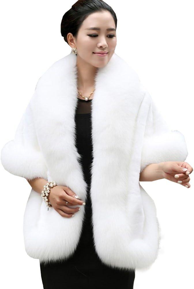 Caracilia Women Luxury Faux Fur Coat Jackets Wrap Cape Shawl for Wedding Party (One Size, White)