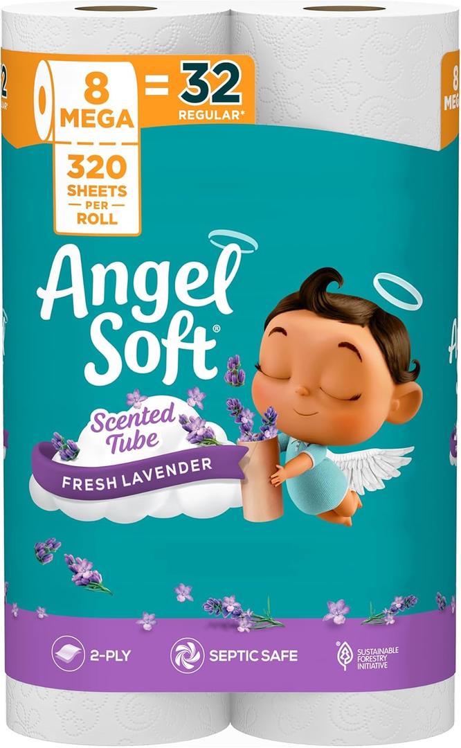 Angel Soft Toilet Paper with Fresh Lavender Scented Tube, 8 Mega Rolls = 32 Regular Rolls, Soft and Strong Toilet Tissue