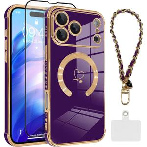 OOK Magnetic Phone Case iPhone 17 Pro Max 6.9 Inch [Compatible with MagSafe] Soft TPU Heart Phone Cover with Screen Protector Shockproof Protection Slim Case with Strap Lanyard for Women - Purple