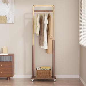 Clothes Rack Solid Wood Coat Rack, Metal and Solid Wood Combination Clothing Rack with Wheels for Entryway, Bedroom, Living Room, Coat Racks Freestanding for Hanging Clothes Garment Scarf (18.9"W11.8"D69.3"H, Walnut)
