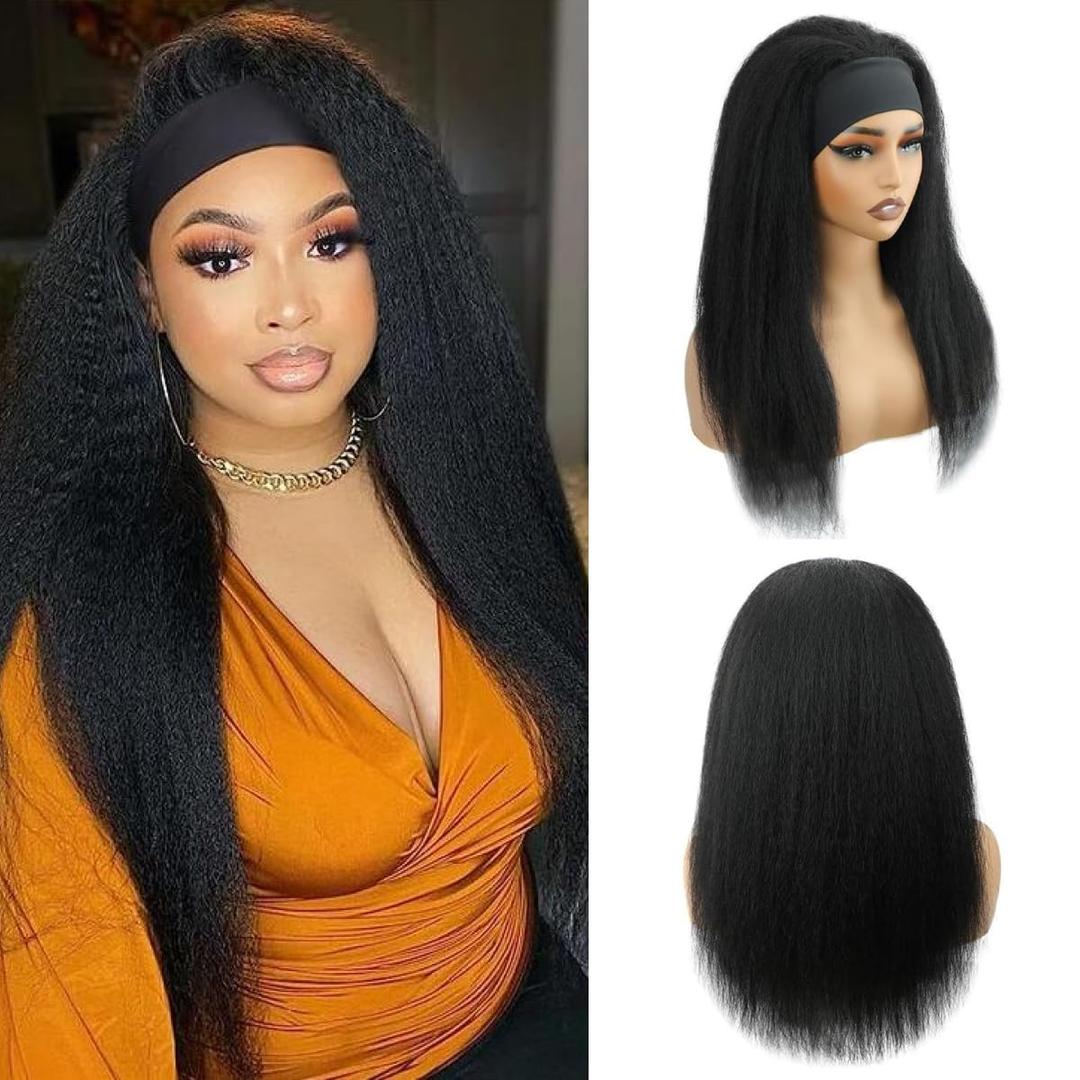 Kinky Straight Headband Wig 24 Inch Human Hair Headband Wigs for Black Women Glueless Yaki Straight Human Hair Headband Wigs Natural Black color