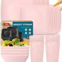 Teivio 16-piece Plastic Wheat Straw Square Dinnerware Set for 4, Unbreakable Dinner Plates, Salad Plates, Snack Bowls, Tumblers 13.5 oz, Dishwasher Safe, Kitchen Dinning RV Essentials, Pink