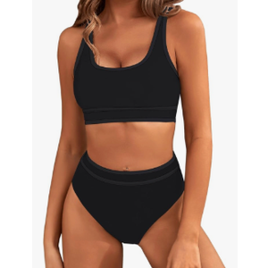 BMJL Women's High Waisted Bikini Sets Sporty Two Piece Swimsuits Color Block Cheeky High Cut Bathing Suits, Size Medium