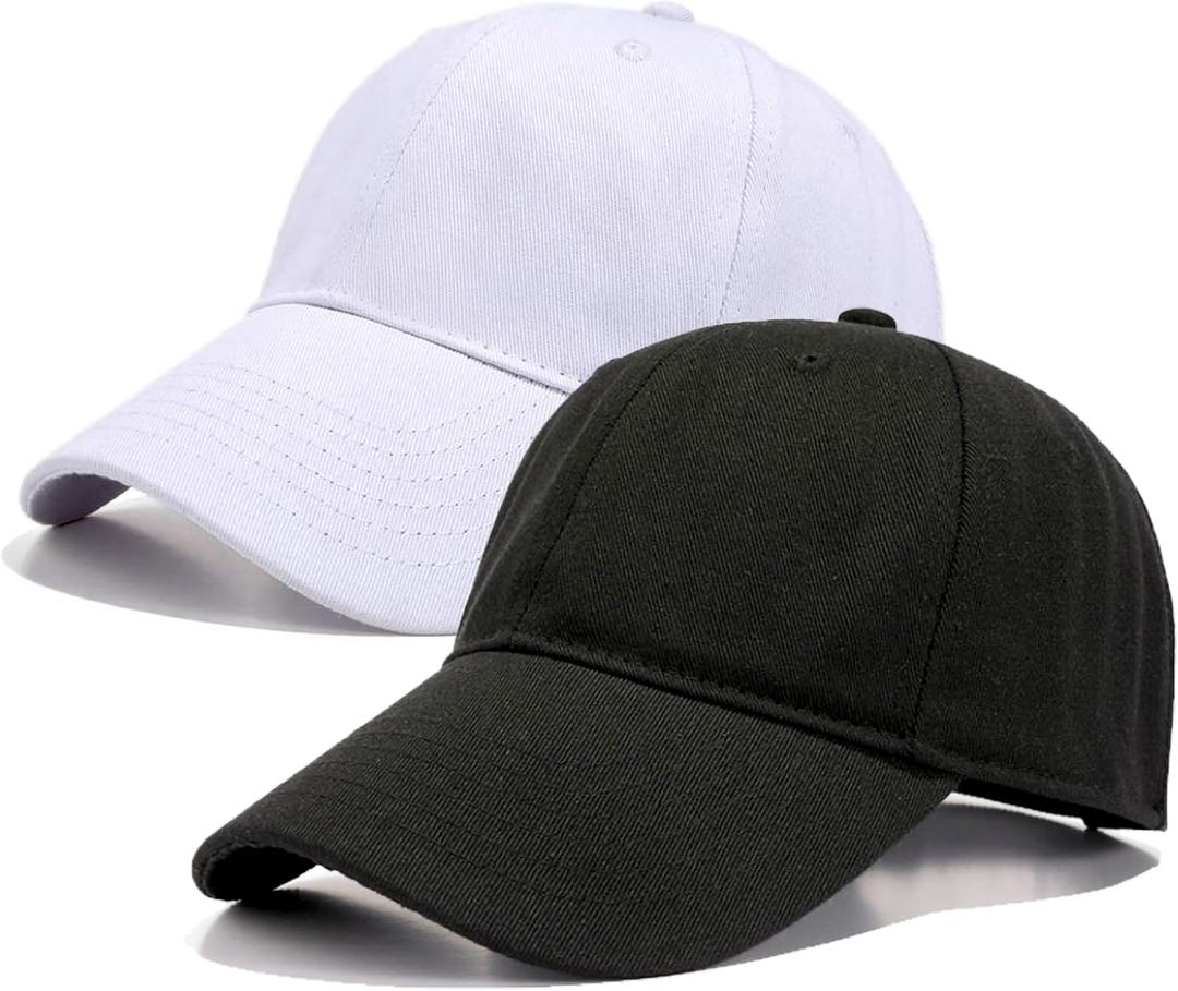 2 Pack Cotton Plain Baseball Caps for Men Women, Adjustable Soft Blank Hat, Gift for Dad Mom Husband Wife (Black+white)