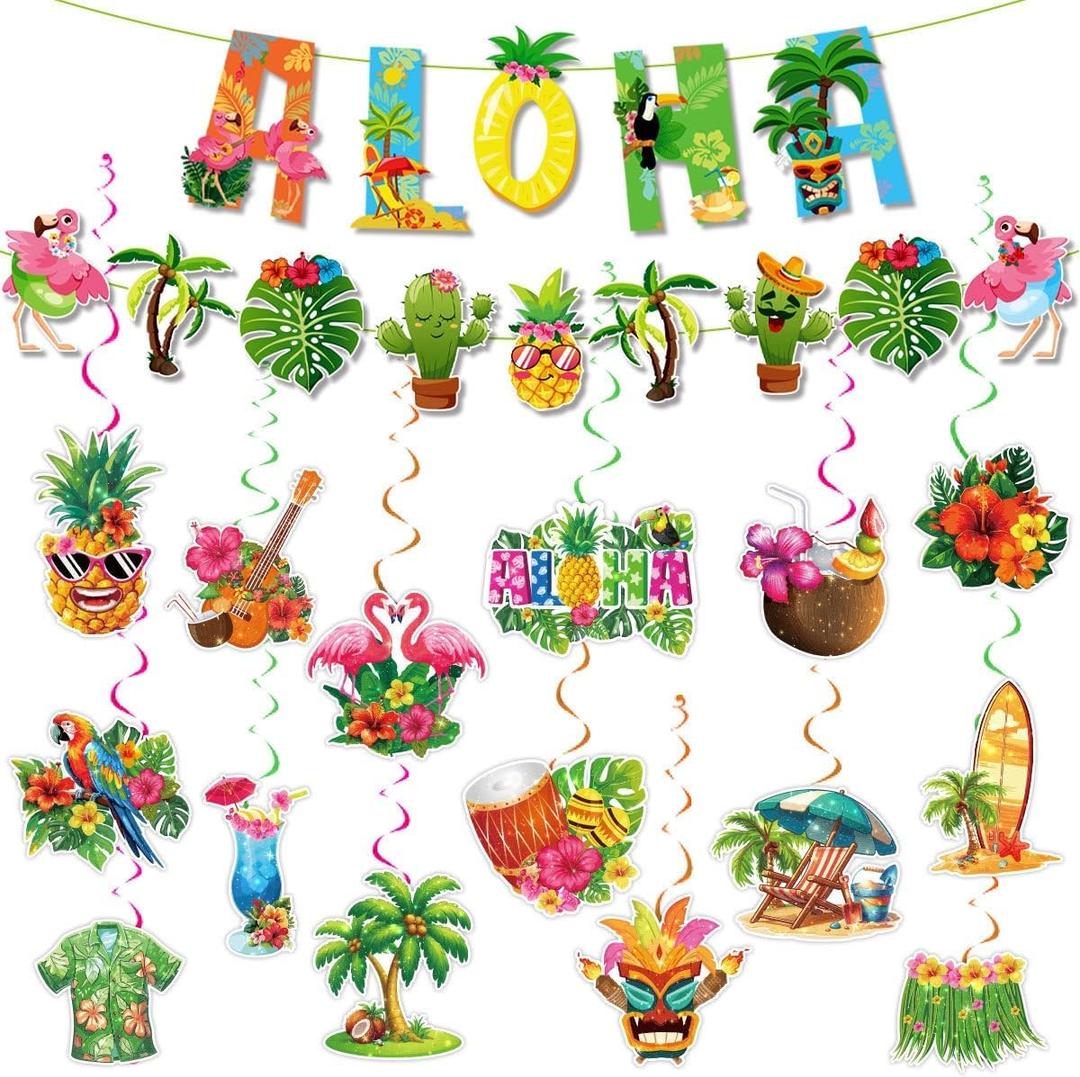 ALOHA Summer Hawaiian Party Decorations,Includes Tropical ALOHA Banner, Flamingo,Palm Leaf Pineapple Banner and Hanging Swirls,Vibrant Luau, Beach, or Hawaiian Theme Party Supplies (Colorful)