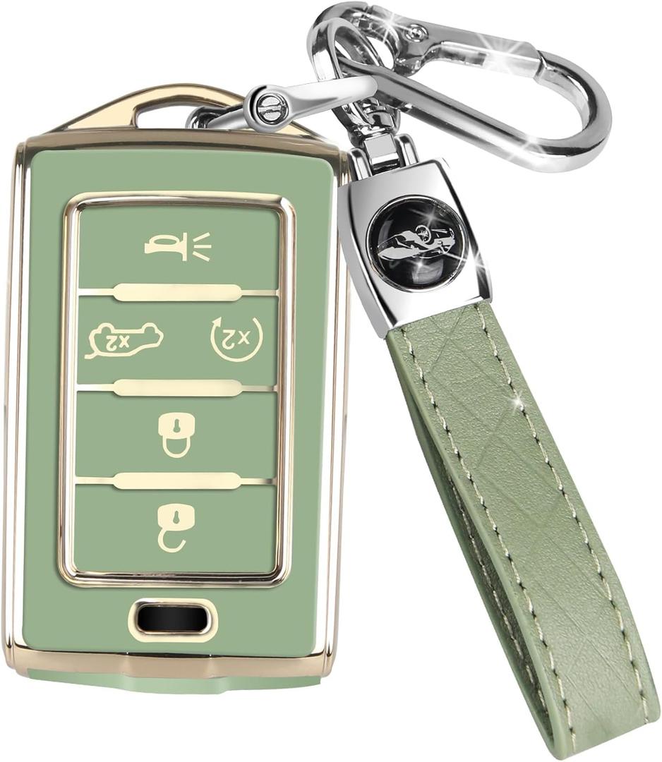 for Jeep Key Fob Cover with Keychain, Car Key Case Shell Protection 5 Buttons, Fit for Jeep | Grand Cherokee | Wagoneer | Grand Cherokee L | 2021 2022 2023 | Soft TPU Accessories, Green