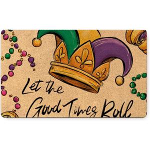 Mardi Gras Rug, Let The Good Times Roll Doormat, Washable Non-Slip Coir Door Mat for Home Kitchen Bathroom Indoor Front Door,Spring Home Party Decor, 17x30 Inch