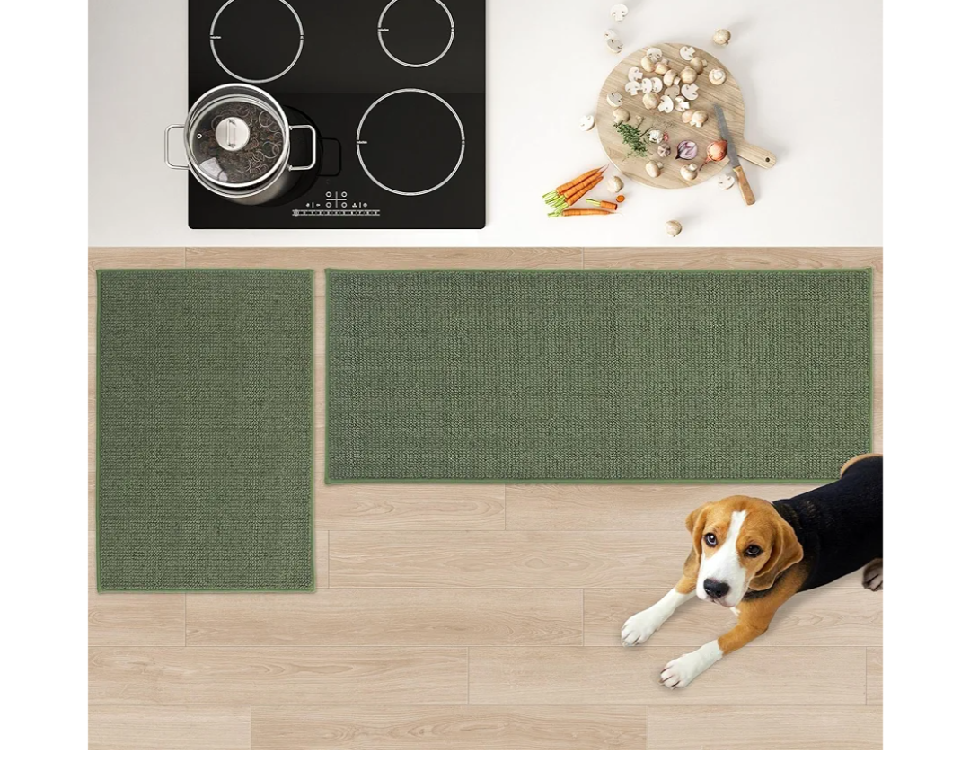 JSEI Kitchen Rugs, 2PCS Non-Slip Kitchen Mats for Floor, Machine Washable Absorbent and Stain Resistant Kitchen Runner, Carpet Mats with TPR Backing for Kitchen, 24”x36”+24”x60”, Green