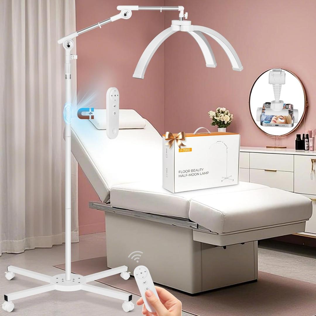 HITTI Lash Light for Eyelash Tech, 2026 Upgrade LED Half Moon Lamp with 4 Wheel Rolling Base, Esthetician Light for Tattoo Artists, Beauty - Adjustable Brightness, Phone Holder, 360Rotating-White (27.5 Wide Head Lash Lamp)