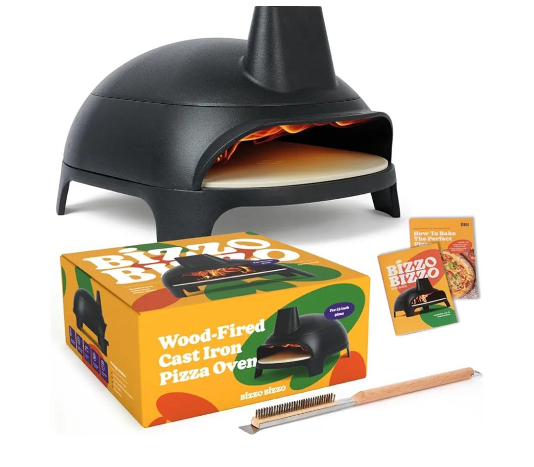 Cast Iron Wood Fire Pizza Oven Outdoor - Easily Fits 12 Inch Pizza. Wood Burning Pizza Oven with Pizza Stone, Recipe Book and Cleaning Brush. Black 