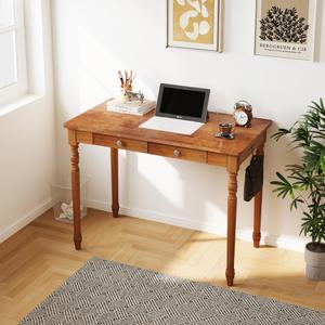 Solid Wood Writing Desk with Drawers - 39.4" Small Wood Vintage Desk, Mid Century Modern Desks, Wooden Computer Desks for Home Office, Traditional Vanity Dressing Table for Bedroom, Walnut