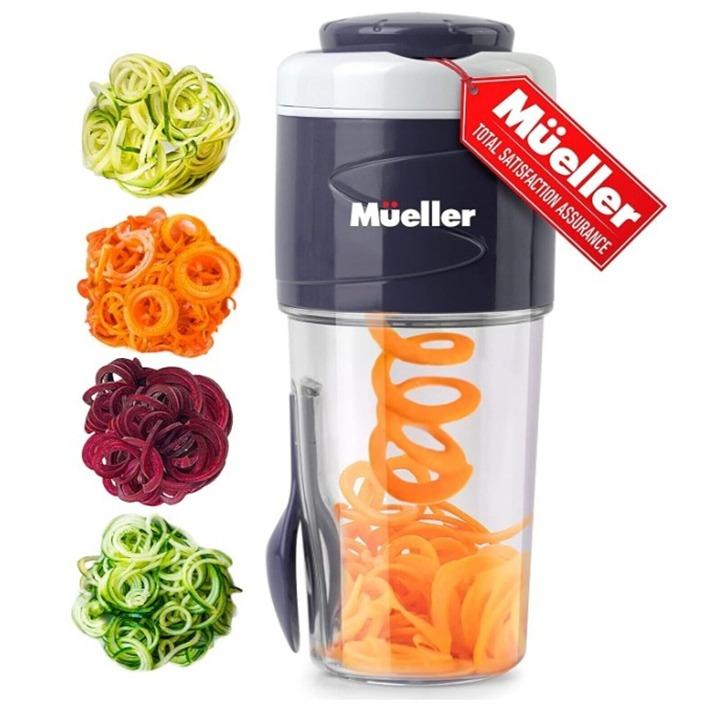 Mueller - Spiralizer - Veggie Pasta Maker - Salad To Go Cup - All-In-One Food Prepper, Comes with BPA Free Fork, Salad Dressing/Spice-Nut Containers