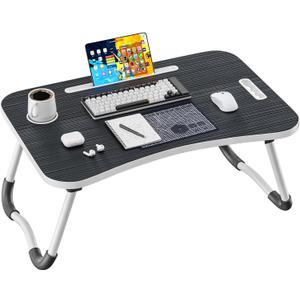 Folding Lap Desk, 23.6 Inch Wood Laptop Bed Desk with Cup Holder, Portable Bed Table for Working Writing Reading & Eating for Bed, Sofa, Couch, Floor - Black