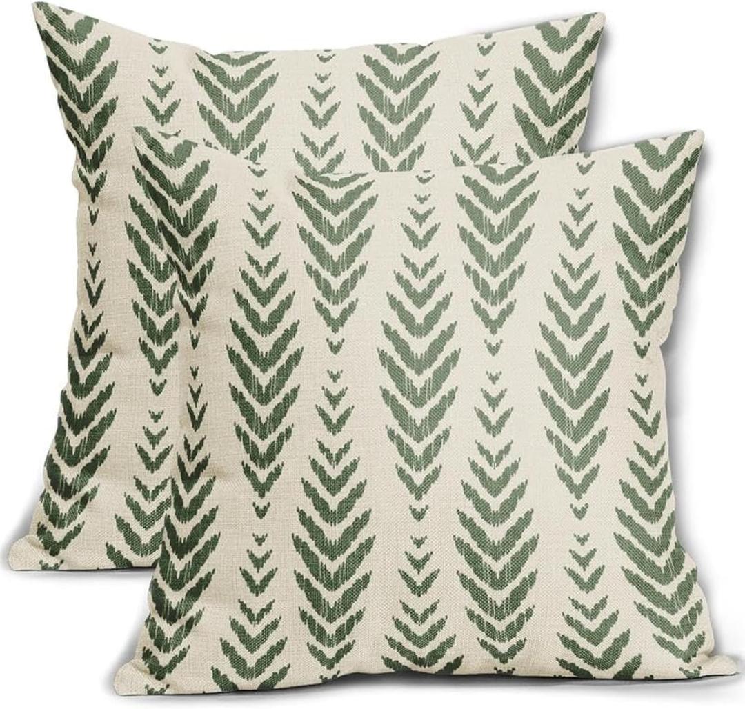Sage Green Boho Pillow Covers 18x18 Set of 2 Bohemian Ethnic Geometric Herringbone Print Decorative Throw Pillows Outdoor Pillowcase Square Linen Farmhouse Cushion Case Decor for Couch Sofa Bed