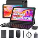 CUPEISI Android 15 Tablet 10 Inch, 20GB RAM+128GB ROM/2TB Expandable, 2.0GHz Quad-core Processor, 1280*800 HD Screen, 5G WiFi6 BT 5.0, 2 in 1 Tablets with Keyboard Case Mouse Stylus, Widevine L1 Black