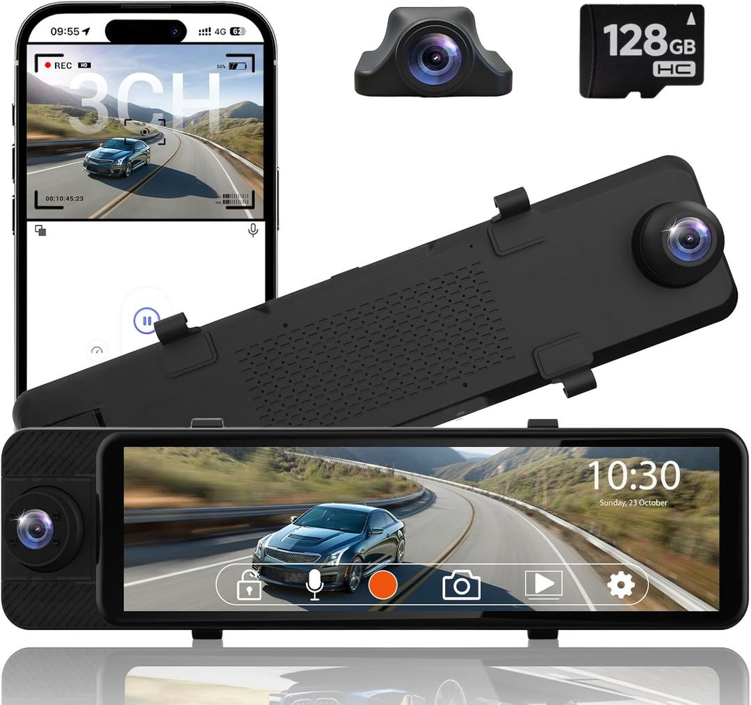 Rear View Mirror Camera, 3 Channel Mirror Dash Cam Front Rear and Inside, 11" Triple Rearview Mirro with 128GB Card, Backup Camera for Car Trucks with WiFi,Reverse Assist,Night Vision,Parking Monitor