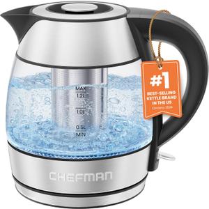 CHEFMAN Electric Kettle - 1.2L 1500W Hot Water Tea Pot with Infuser, BPA Free, Auto Shut Off, Boil-Dry Protection, Removable Lid, LED Light, Cordless Glass Electric Tea Kettle  Stainless Steel
