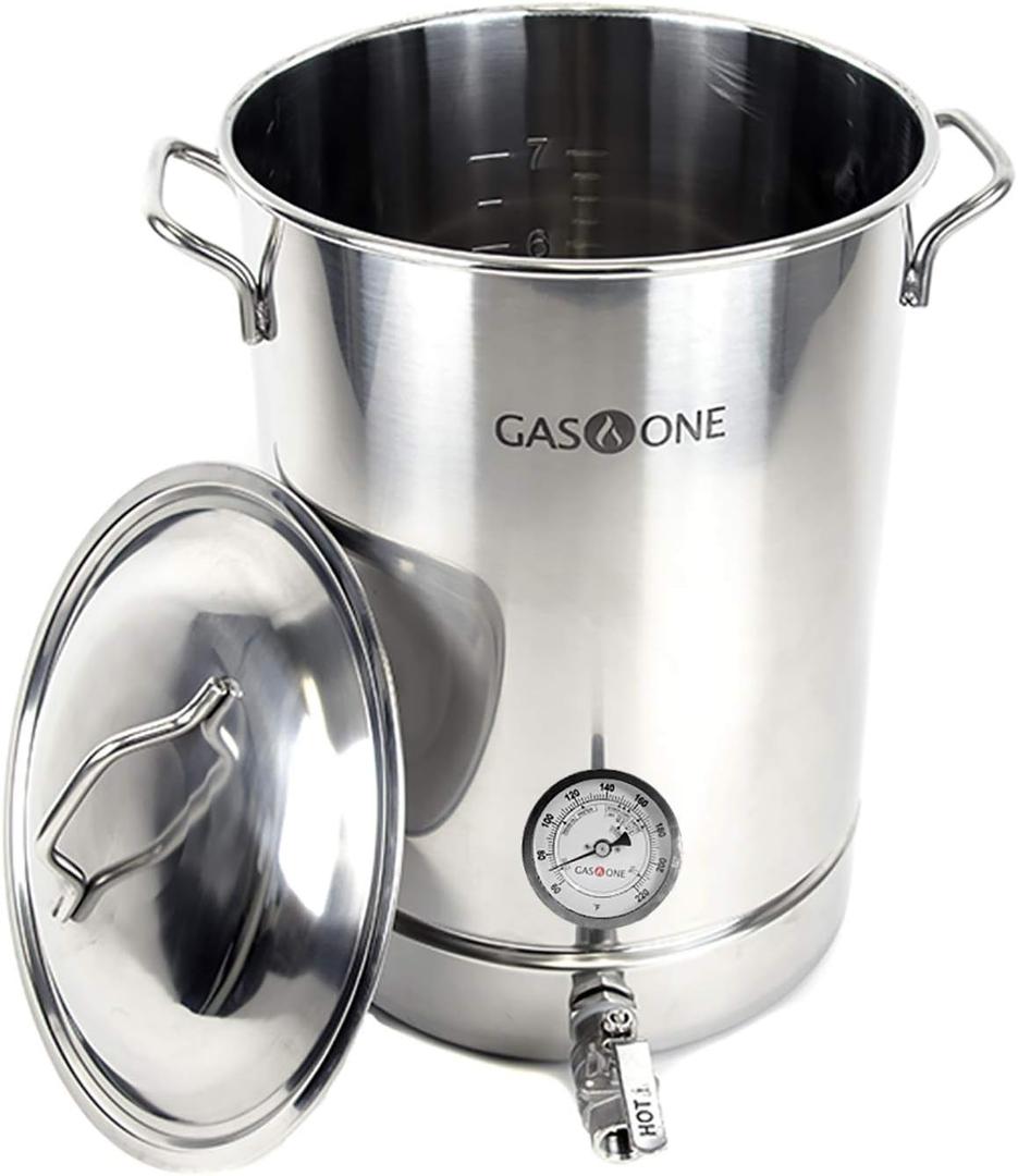 GasOne 8 Gallon Stainless Steel Home Brew Kettle Pot Pre Drilled 4 PC Set 32 Quart Tri Ply Bottom for Beer Brewing Includes Stainless Steel Lid, Thermometer, Ball Valve Spigot - Home Brewing Supplies