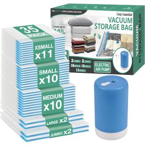 Cozy Essential Travel Vacuum Storage Bags with Rechargeable Cordless USB Pump, Space Saver Bags for Luggage, Suitcase, Carry-On, for Clothes, Blankets, Bedding & Seasonal Storage,35 Combo