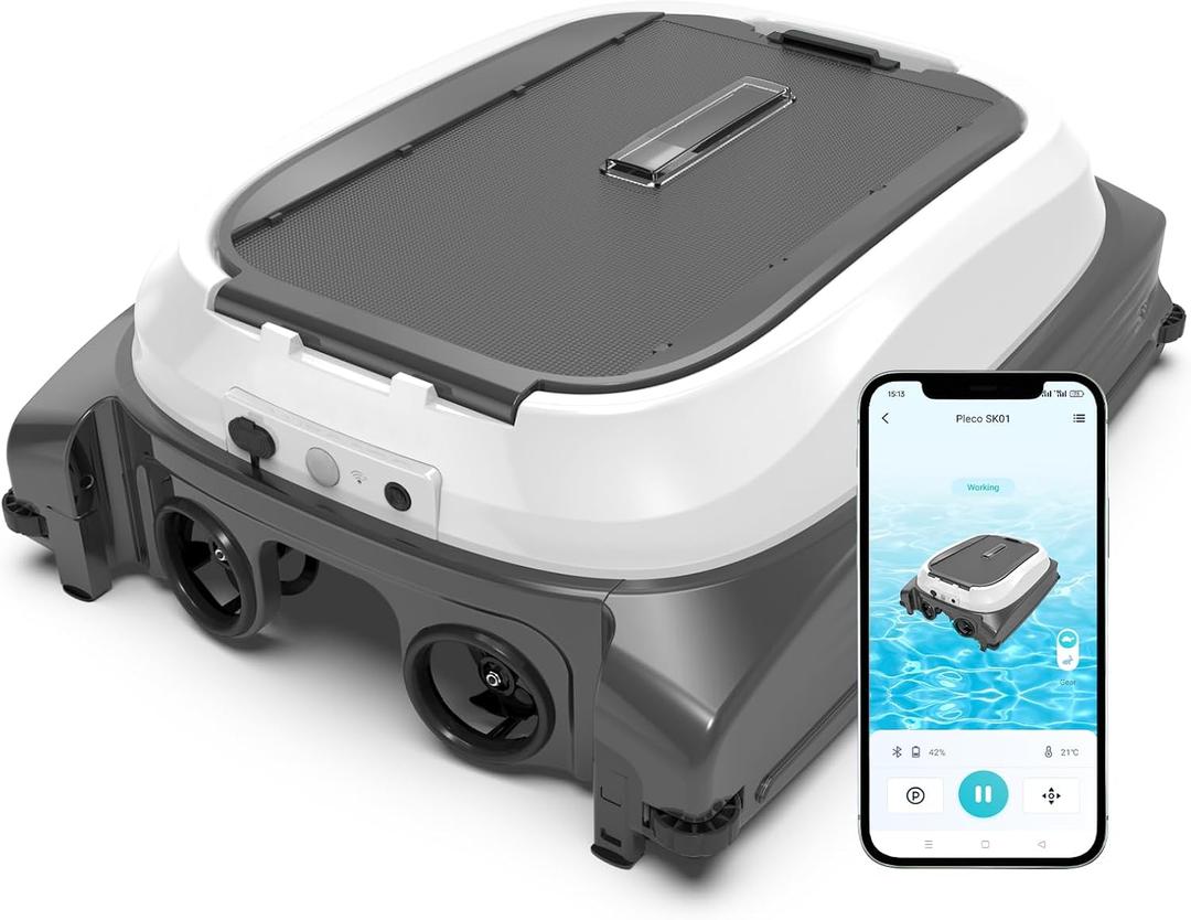 Pleco SK01 Solar Powered Pool Surface Skimmer Robot – APP Controlled, 24/7 Auto Cleaning, Dual Charging, Obstacle Avoidance, Large Filter, Fits Most Pools (Gray White)