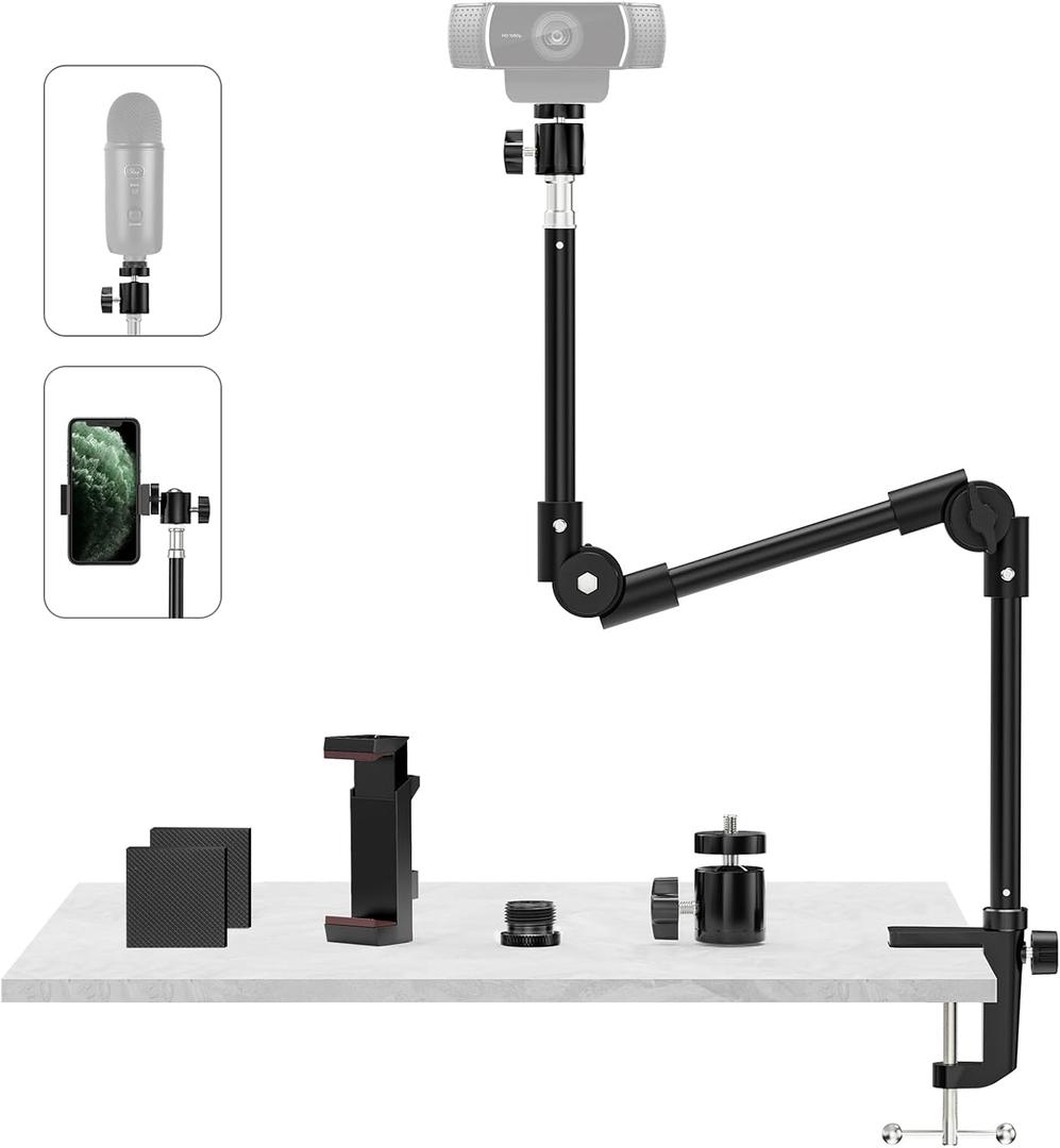 Webcam Stand Camera Desk Mount with Phone Holder & 5/8" Screw - 22" Flexible Projector Stand Gooseneck Desk Mic Stand for Logitech C922 C930e C920 C615 C960 Brio 4K, GoPro, Blue Yeti Snowball Ice