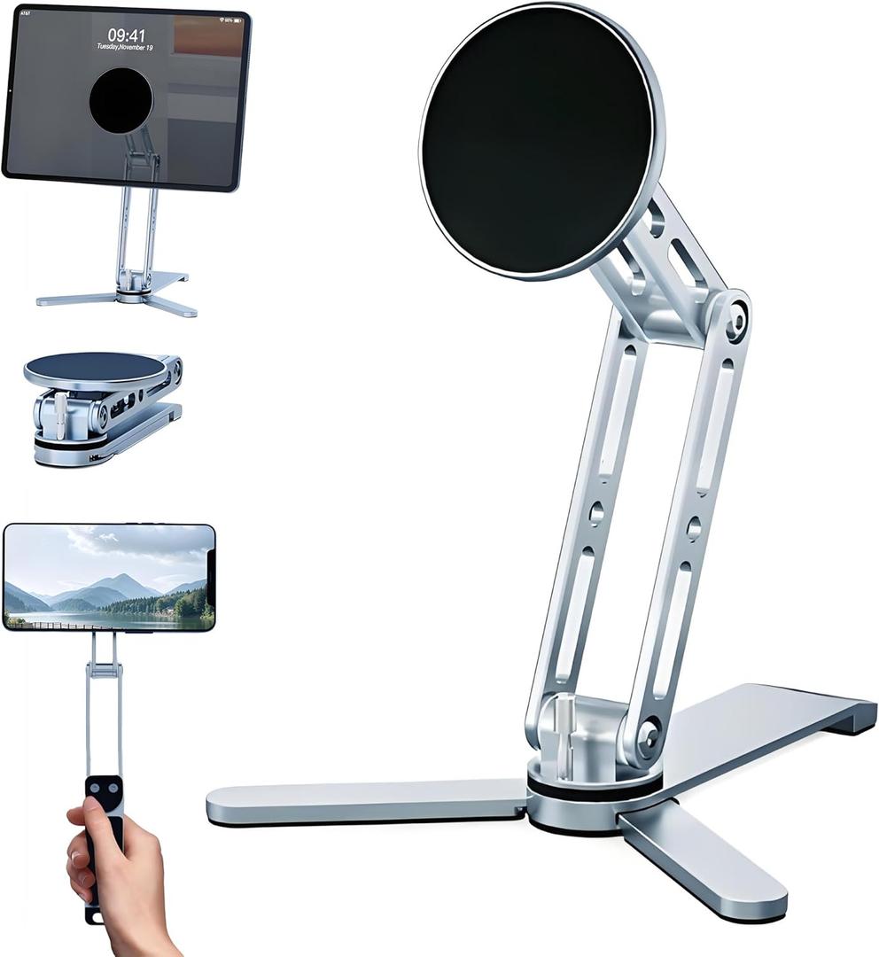 Magnetic Ipads Tripod Stand Universal for Ipads & Iphones 16-12 Series, Flexible 360 Degree Rotation, Portable Tablet Holder with 2-in-1 Handheld & Desktop Handheld Modes for Kitchens, Gyms