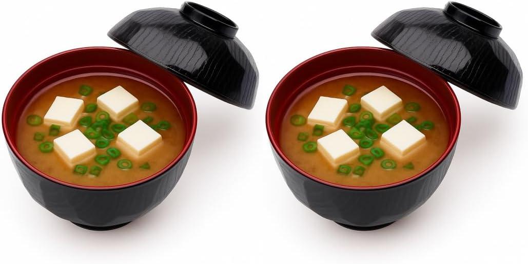 JapanBargain Japanese Miso Soup Bowls with Lids, Small Traditional Lacquered Bowls, 8.4 oz Authentic Size, Set of 2, Made in Japan