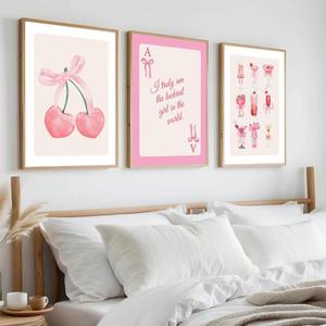 YHLARTQR 3Pcs Trendy Pink Cherry Bows Wall Art Coquette Preppy Wall Decor Posters Pink Cocktail Painting Pictures Lucky Girl Poker CanvasPrints for College Apartment Home Decoration 12x16in Unframed
