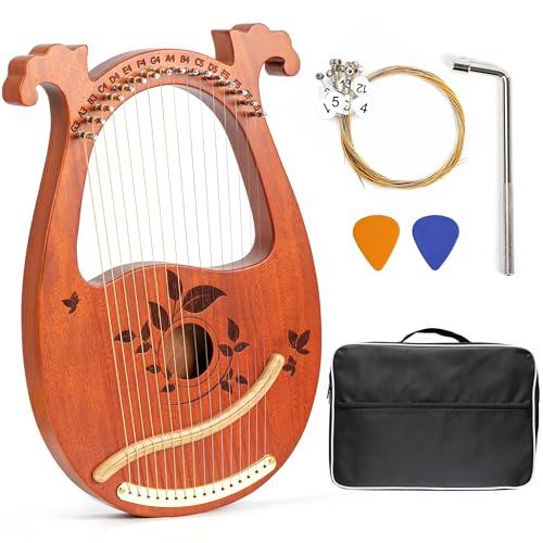 INKNOTE Lyre Harp Mahogany with Tuning Wrench and 16 Pcs Metal Spare String Set Manual Picks Black Gig Bag for Instrument Kids Adult Professional Beginner Music Lovers Gift