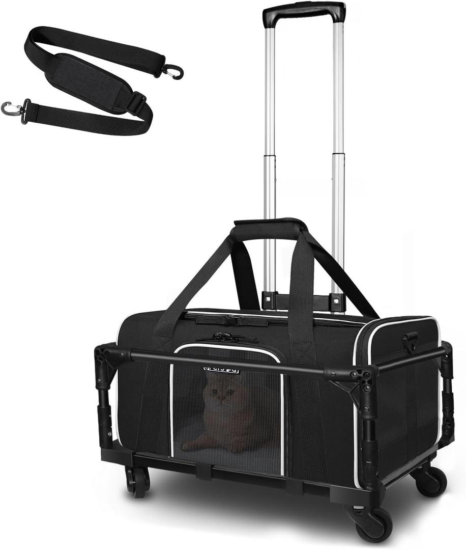 Petskd Small Pet Carrier with Wheels (17" L x 11" W x 9.5" H), Alaska Airlines Approved, Rolling Pet Carrier for Small Dogs & Cats (Black)