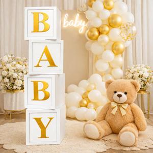Baby Shower Balloon Boxes  4 White Photo Prop Blocks with Gold BABY Letters for Elegant Party Displays & Gender Reveal Decor