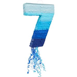 BLUE PANDA 7 Pinata Pull String Party Activity - Ombre Blue, 16.5 x 11.35 in - Easy-Fill Birthday Pinata for 7 Year Old Boys & Party Decoration