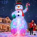 12 Ft by 6 Ft Giant Christmas Inflatables Snowman Outdoor Decorations, Blow Up Snowman Holds Candy Cane Built-in Rotating Colorful Lights Christmas Decorations Outdoor Yard Lawn Garden Holiday Party