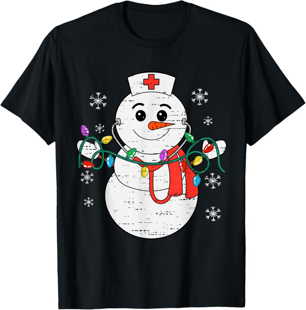 Snowman Nurse Christmas Stethoscope Xmas Scrub Top Women T-Shirt M, 2 PC