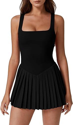 QINSEN Womens Square Neck Tennis Dress Pleated Sleeveless Built in Shorts Golf Athletic Dress with Pockets (Medium,Black)