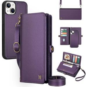 Wallet Case Compatible with iPhone 13,Multi-Function Detachable 2 in 1 Magnetic iPhone 13 Case Wallet,Flip Strap Zipper Card Holder Phone Case with Shoulder Straps (Purple)