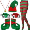 Laumoi 7 Pcs Christmas Elf Costume Women Elf Shoes Hat Christmas Band Wrist Bells Xmas Party Cosplay Dress up Striped Tights