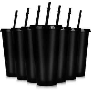 Hooqict 7 Sets Reusable Cups with Lids and Straws 24 oz Plastic Tumblers Black Party Favor Cups Water Bottle Iced Coffee Travel Mug for Kids, Adults, Summer Birthday Parties